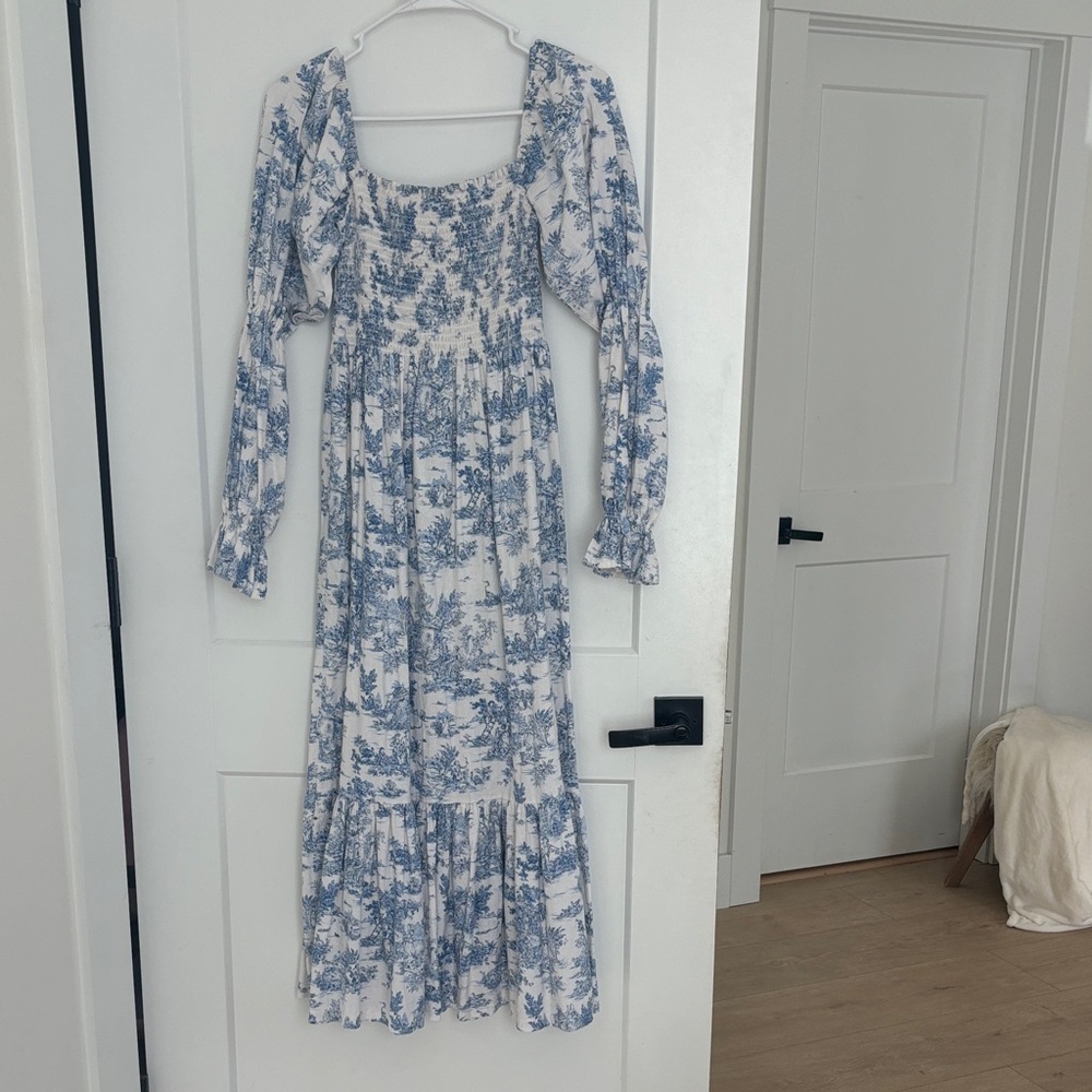 Blue Floral Long-Sleeve Smocked Maxi Dress